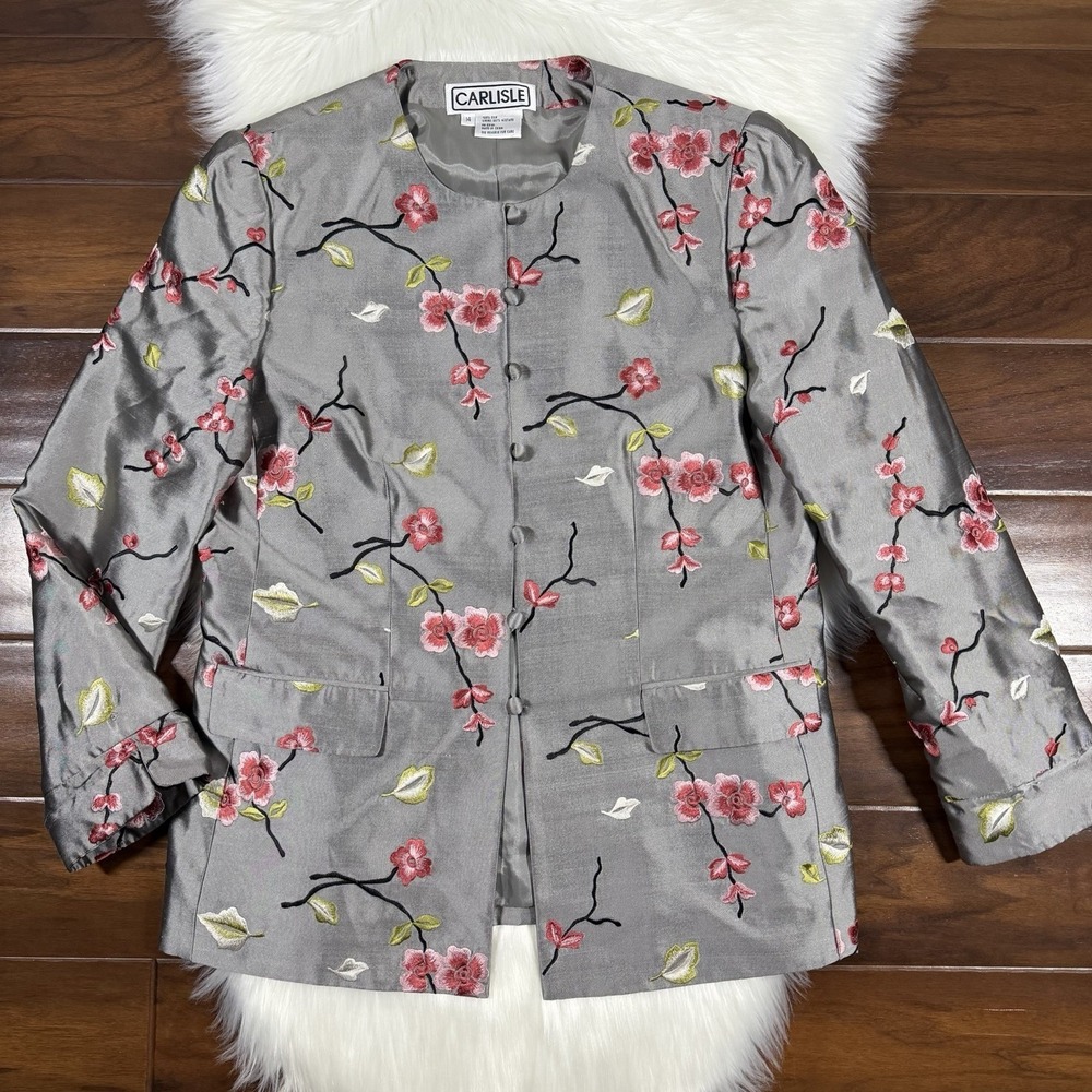 Carlisle‎ Size 14 Gray Embroidered Floral Asian Inspired Silk Blazer Jacket